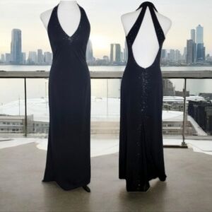 Dave & Johnny vtg 90s sexy black knit maxi dress halter back with beaded accents
